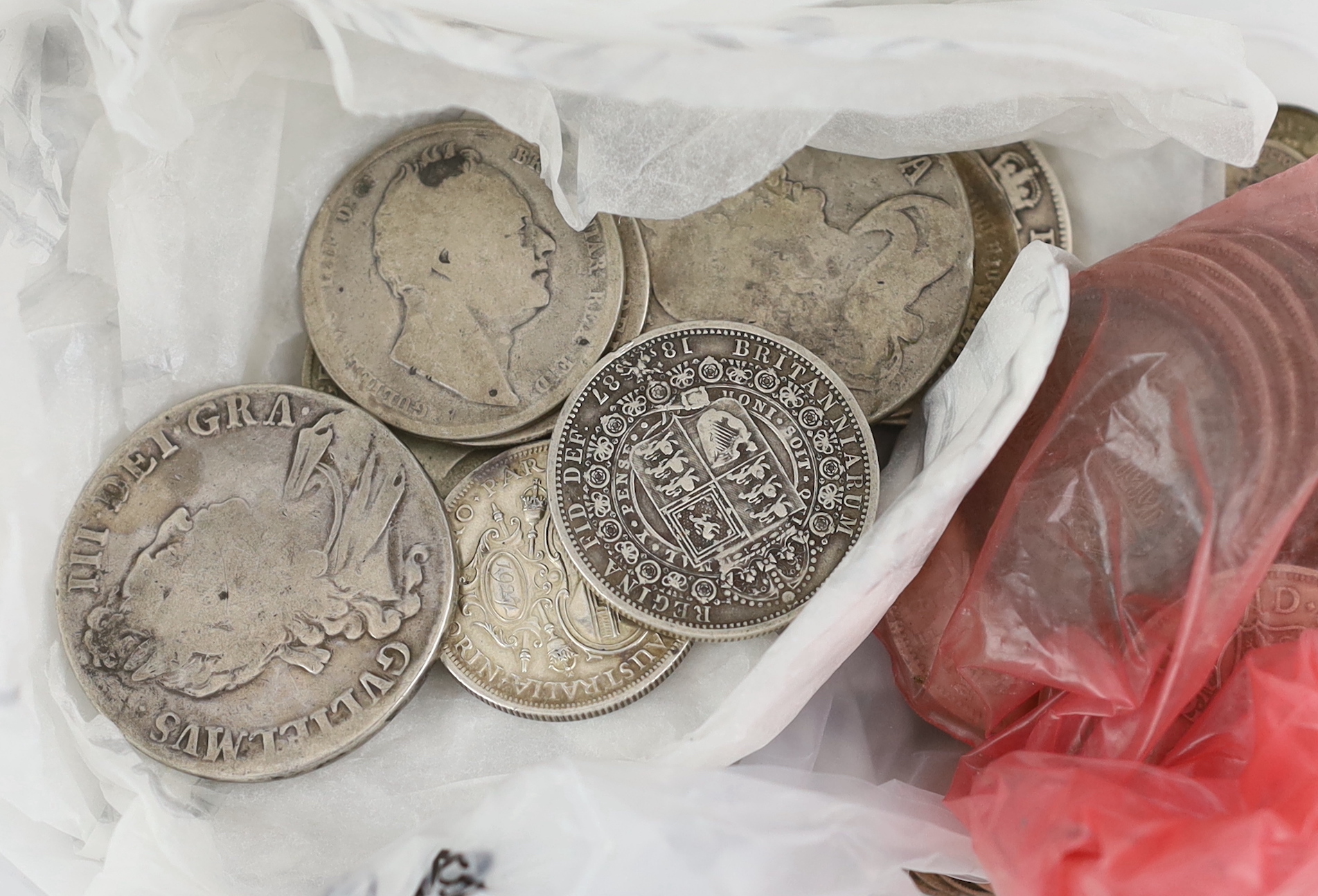 British and World coins, mostly silver including - 1670, 1695 and 1888 crowns, William IV to George VI halfcrowns, two Gothic florins, 1918 florin, good VF, and 1935 florin, good VF, various florins, sixpences, threepenc